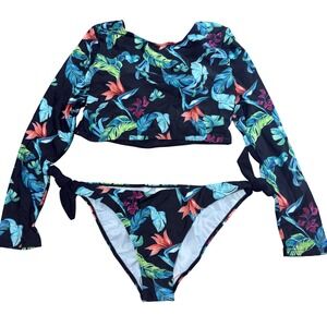 JadeRich Womens‎ Long Sleeve Swimsuit 2 Piece Bikini Set Tropical Print XL